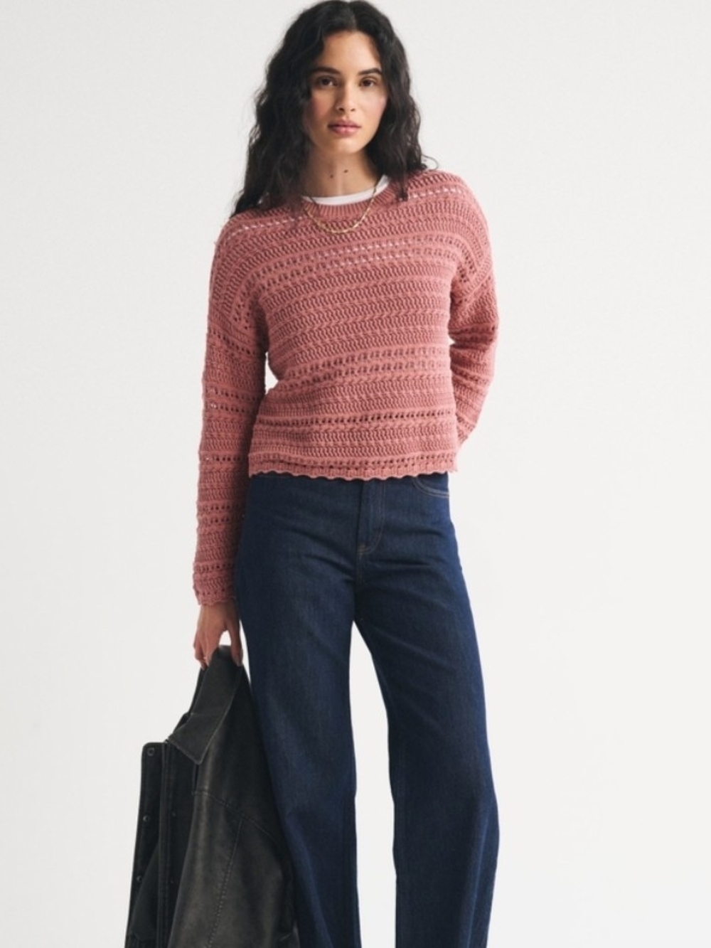 NWT Abercrombie & Fitch Textured Open Stitch Crewneck Sweater In Rose Pink - S - Picture 2 of 12
